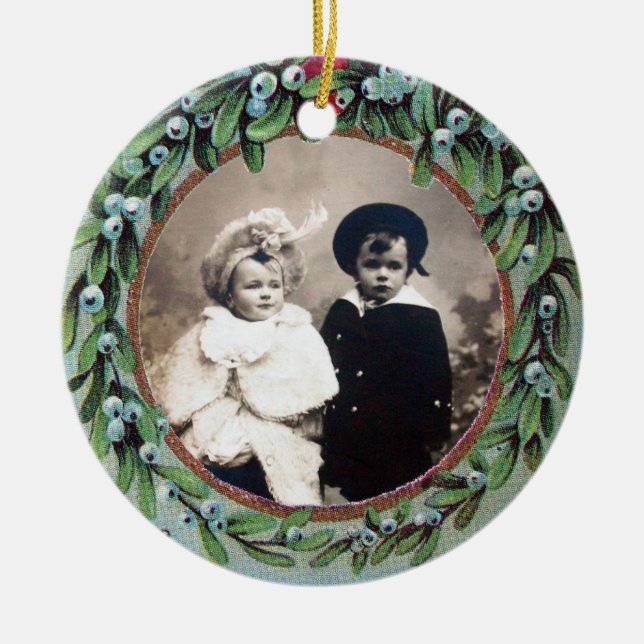 CHRISTMAS CROWN WITH MISTLETOES PHOTO TEMPLATE CERAMIC ORNAMENT (Front)