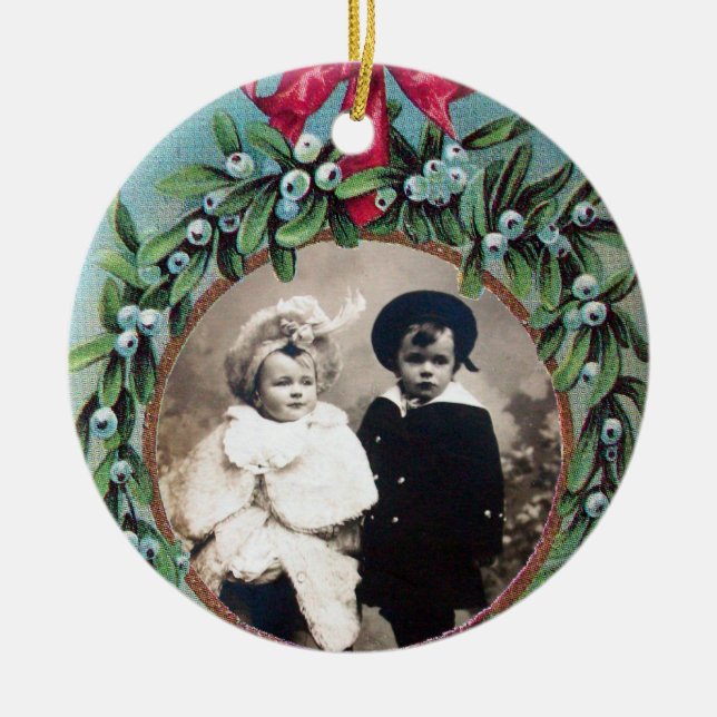 CHRISTMAS CROWN WITH MISTLETOES PHOTO TEMPLATE CERAMIC ORNAMENT (Front)