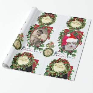 CHRISTMAS CROWNS,BANJO,RED RIBBONS PHOTO TEMPLATE WRAPPING PAPER