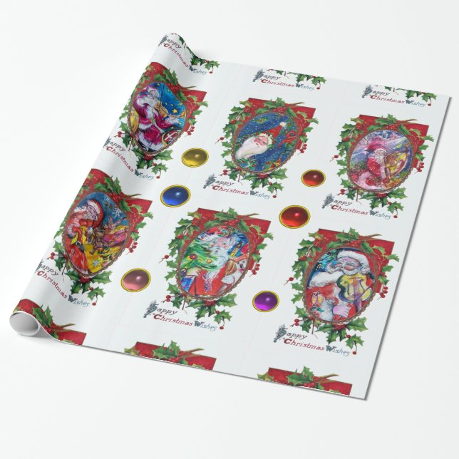 CHRISTMAS CROWNS WITH HOLLY BERRIES /MUSICAL SANTA WRAPPING PAPER (Unrolled)