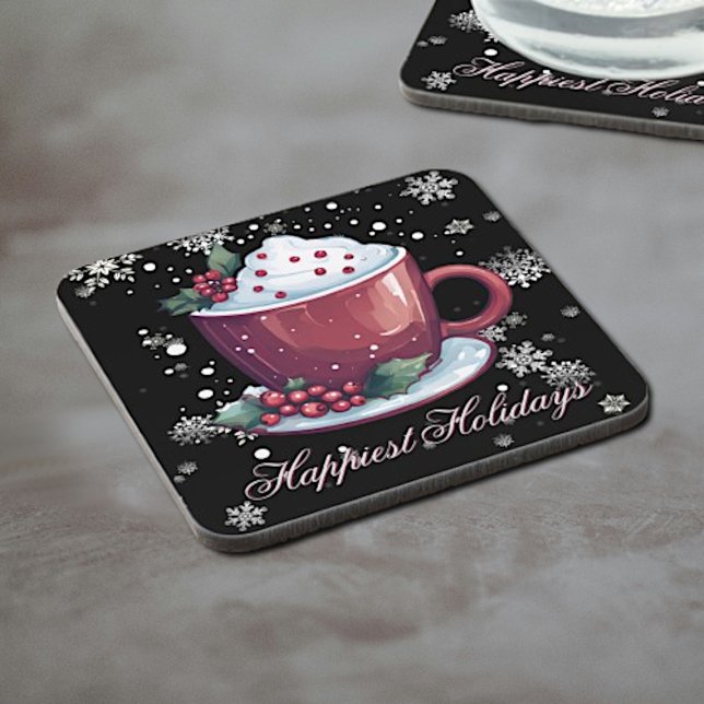 Christmas Cup of Hot Chocolate | Black Beverage Coaster (Christmas Cup of Hot Chocolate Beverage Coaster)