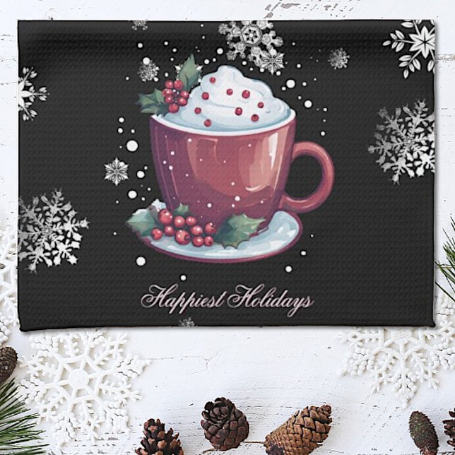 Christmas Cup of Hot Chocolate | Black Kitchen Towel (Christmas Cup of Hot Chocolate Kitchen Towel)