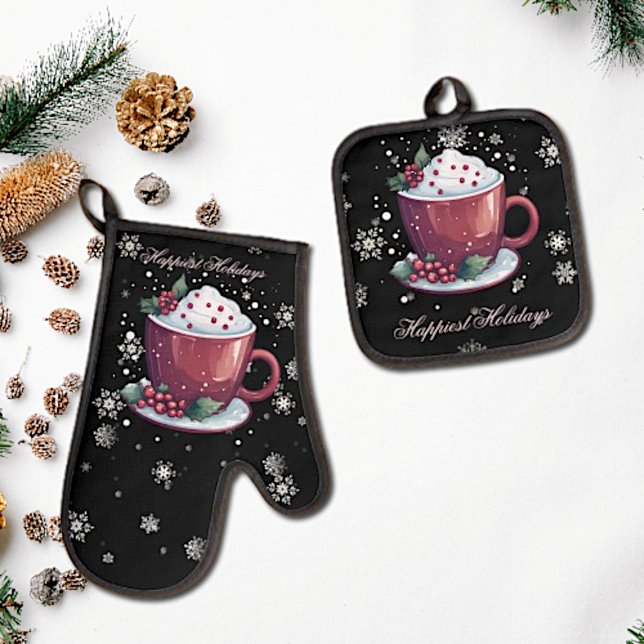Christmas Cup of Hot Chocolate | Black Oven Mitt & Pot Holder Set (Christmas Cup of Hot Chocolate Oven Mitt Pot Holder Set)