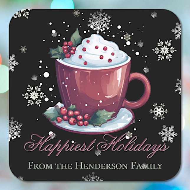 Christmas Cup of Hot Chocolate | Black Square Sticker (Christmas Cup of Hot Chocolate Personalized Sticker)
