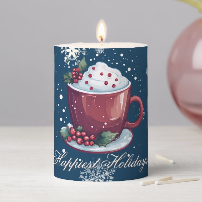 Christmas Cup of Hot Chocolate | Blue Pillar Candle (In Situ)