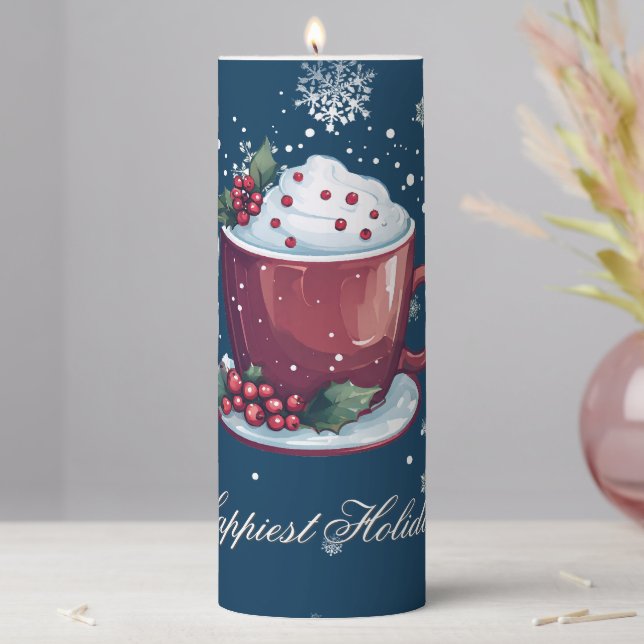 Christmas Cup of Hot Chocolate | Blue Tall Pillar Candle (In Situ)