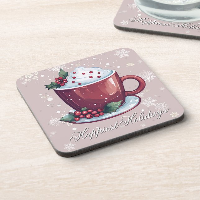 Christmas Cup of Hot Chocolate | Blush Pink Beverage Coaster (Left Side)