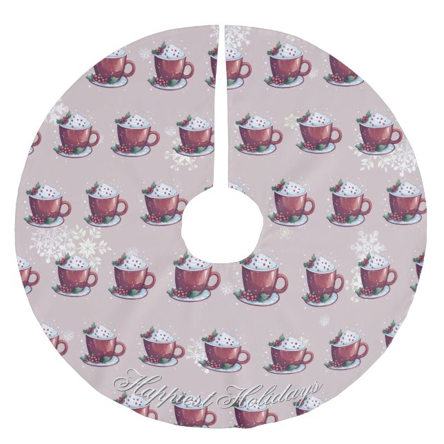 Christmas Cup of Hot Chocolate | Blush Pink Brushed Polyester Tree Skirt (Front)