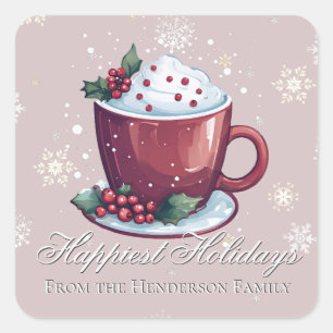 Christmas Cup of Hot Chocolate Blush Pink Square Sticker