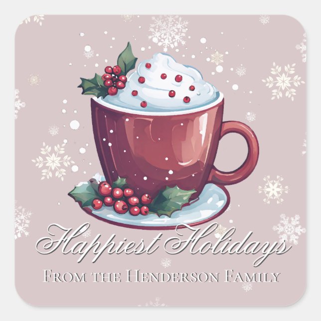 Christmas Cup of Hot Chocolate | Blush Pink Square Sticker (Front)