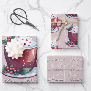 Christmas Cup of Hot Chocolate Blush Pink Wrapping Paper Sheets