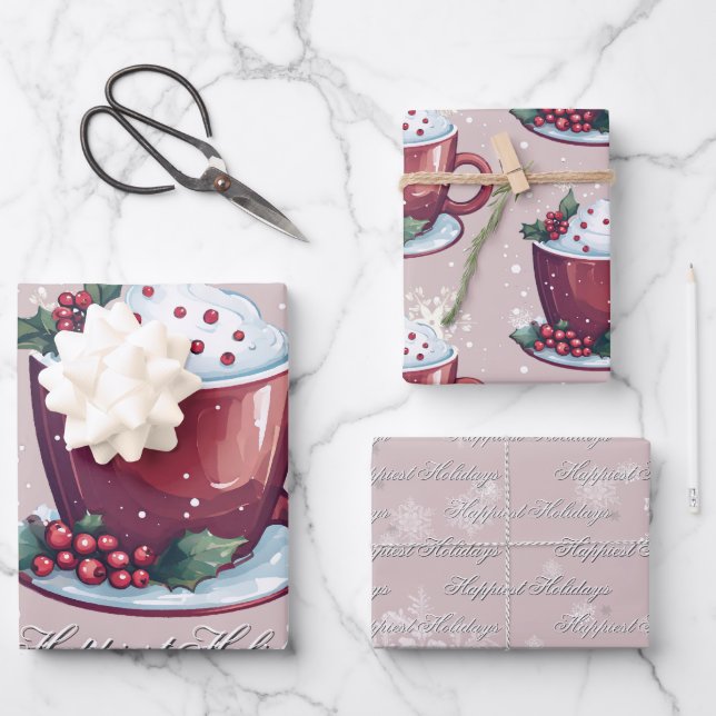 Christmas Cup of Hot Chocolate | Blush Pink Wrapping Paper Sheets (Front)