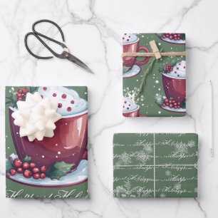 Christmas Cup of Hot Chocolate Green Wrapping Paper Sheets