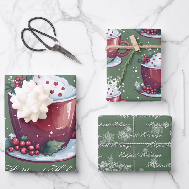 Christmas Cup of Hot Chocolate | Green Wrapping Paper Sheets (Front)