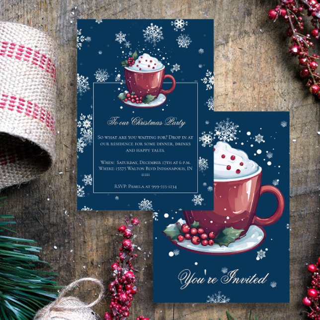 Christmas Cup of Hot Chocolate Holiday Party Blue Invitation (Blue Christmas Cup of Hot Chocolate Party Invitation)