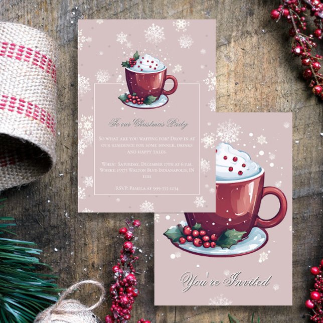 Christmas Cup of Hot Chocolate Party Blush Pink Invitation (Blush Pink Christmas Cup of Hot Chocolate Party Invitation)