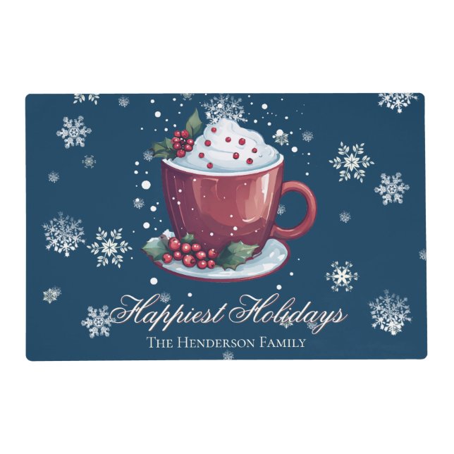 Christmas Cup of Hot Chocolate Personalized Blue Placemat (Front)
