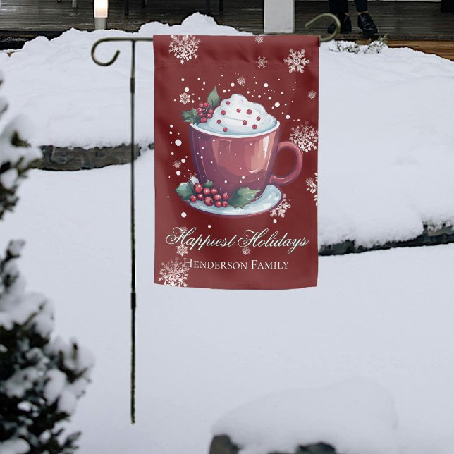 Christmas Cup of Hot Chocolate Personalized Red Garden Flag (Red Christmas Cup of Hot Chocolate Personalized Garden Flag)