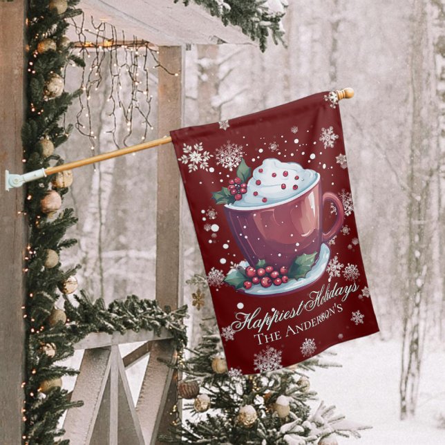 Christmas Cup of Hot Chocolate Personalized Red House Flag (Red Christmas Cup of Hot Chocolate House Flag)