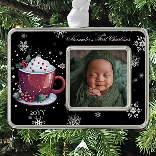 Christmas Cup of Hot Chocolate Photo | Black Ornament (Christmas Cup of Hot Chocolate Baby Photo Ornament)
