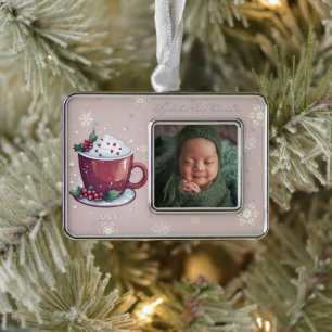 Christmas Cup of Hot Chocolate Photo Blush Pink Christmas Ornament