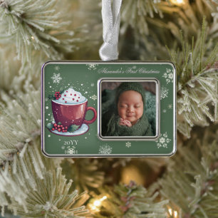 Christmas Cup of Hot Chocolate Photo Green Ornament