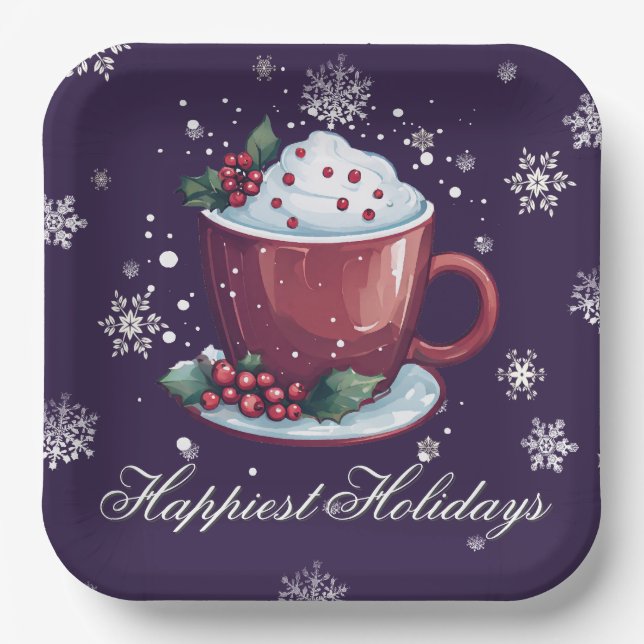 Christmas Cup of Hot Chocolate | Purple Paper Plates (Front)