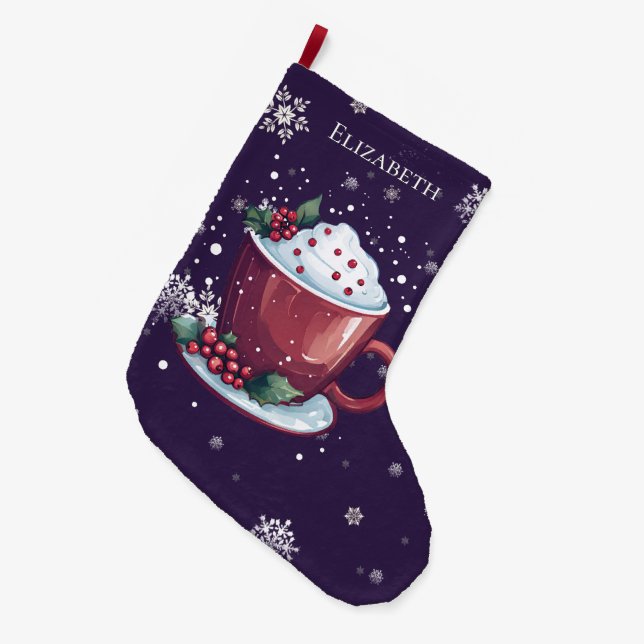 Christmas Cup of Hot Chocolate Purple Personalized Large Christmas Stocking (Front (Hanging))