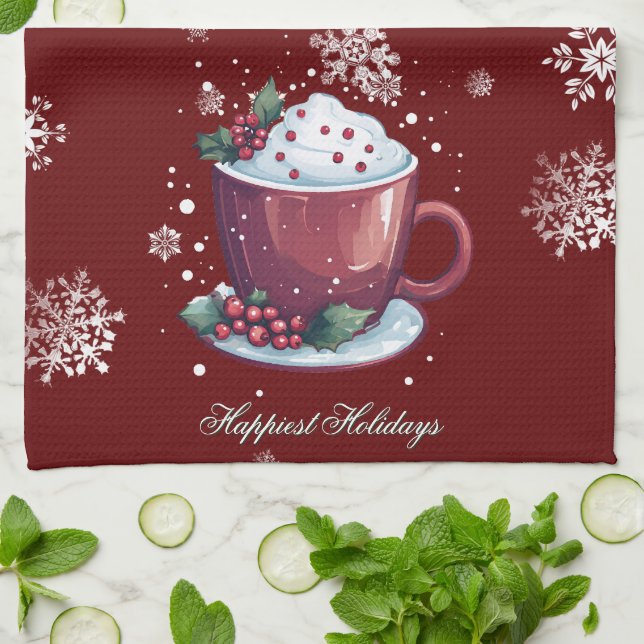 Christmas Cup of Hot Chocolate | Red Kitchen Towel (Folded)