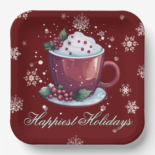 Christmas Cup of Hot Chocolate | Red Paper Plates (Front)