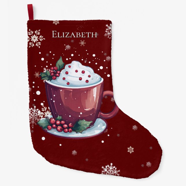 Christmas Cup of Hot Chocolate Red Personalized Large Christmas Stocking (Front)