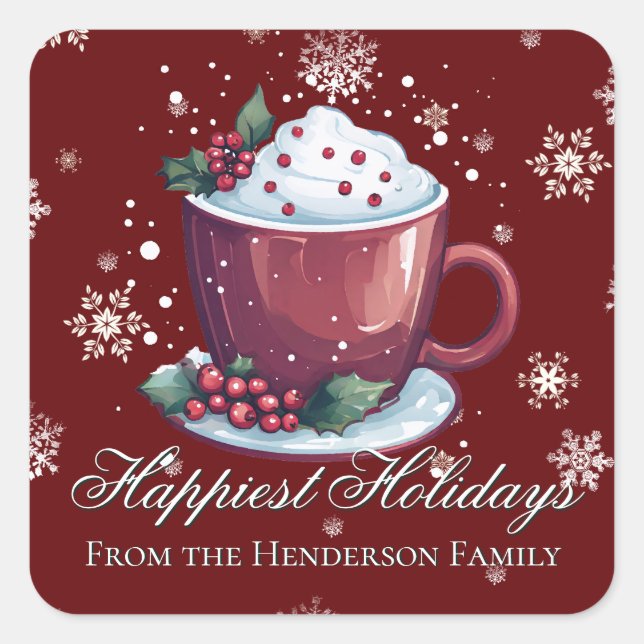 Christmas Cup of Hot Chocolate | Red Square Sticker (Front)