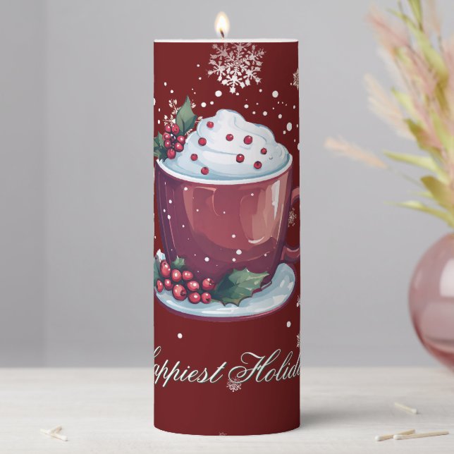 Christmas Cup of Hot Chocolate | Red Tall Pillar Candle (In Situ)