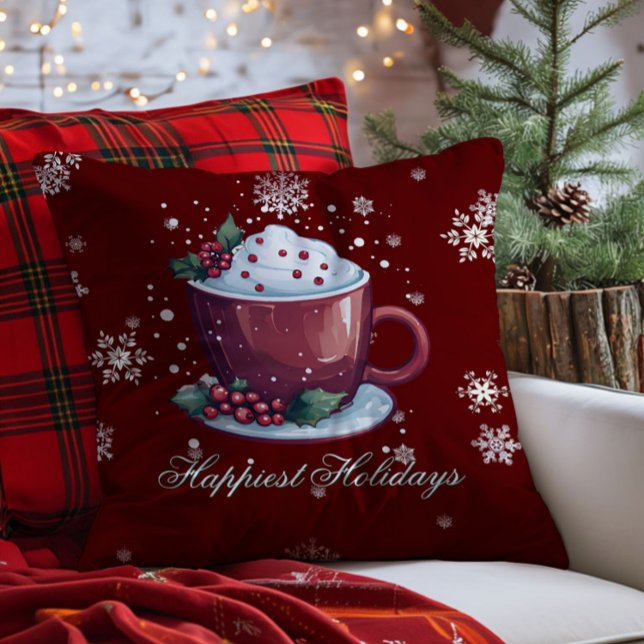 Christmas Cup of Hot Chocolate | Red Throw Pillow (Red Christmas Cup of Hot Chocolate Throw Pillow)