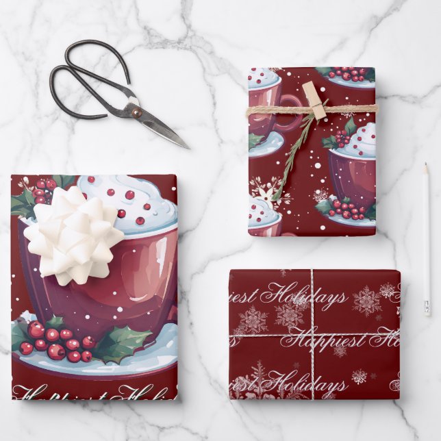 Christmas Cup of Hot Chocolate | Red Wrapping Paper Sheets (Front)