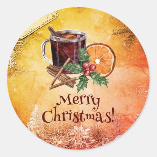 Christmas Cup Orange Holly Berry Cinnamon Greeting Classic Round Sticker