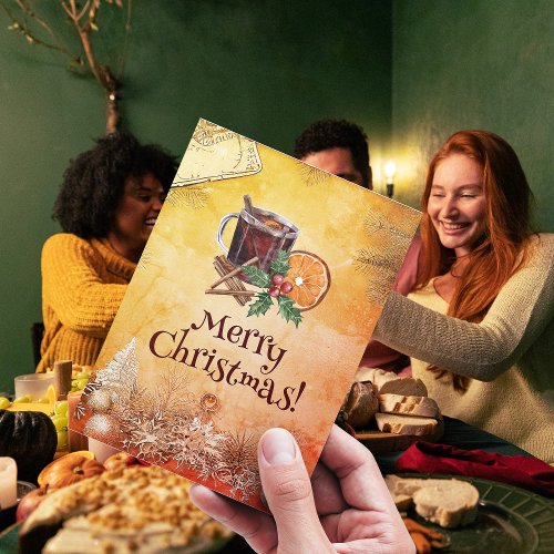 Christmas Cup Orange Holly Berry Cinnamon Greeting Holiday Postcard