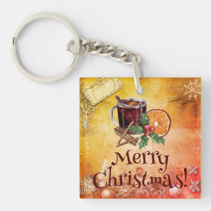 Christmas Cup Orange Holly Berry Cinnamon Greeting Keychain