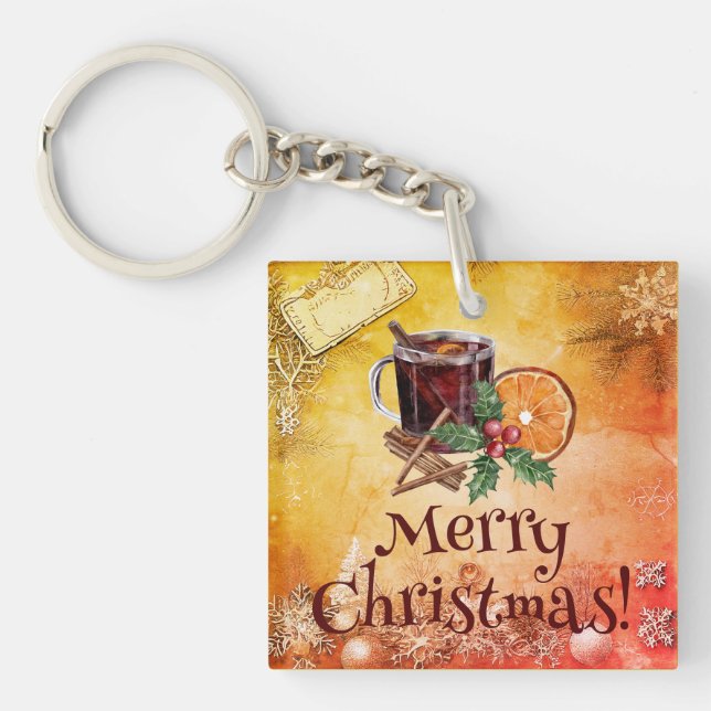 Christmas Cup Orange Holly Berry Cinnamon Greeting Keychain (Front)