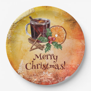 Christmas Cup Orange Holly Berry Cinnamon Greeting Paper Plates