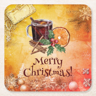 Christmas Cup Orange Holly Berry Cinnamon Greeting Square Paper Coaster