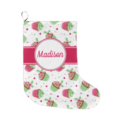 Christmas cupcake design in Christmas colors Large Christmas Stocking