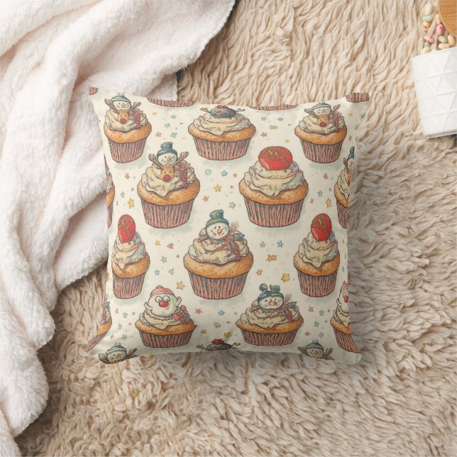 Christmas Cupcake Party Pattern | Cute Desserts Throw Pillow (Blanket)