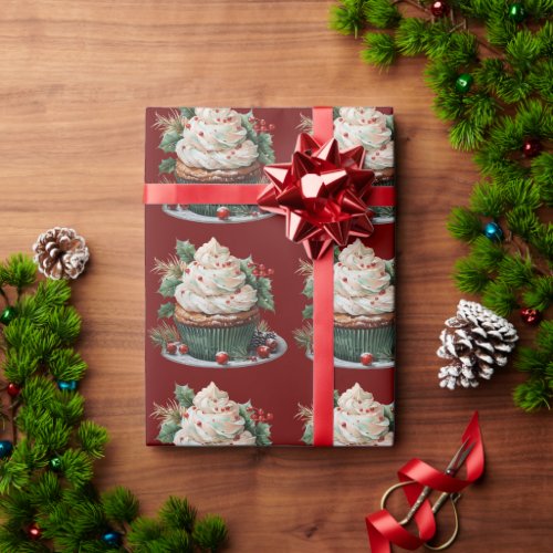 Christmas Cupcake White Frosting Holly Red Berries Wrapping Paper