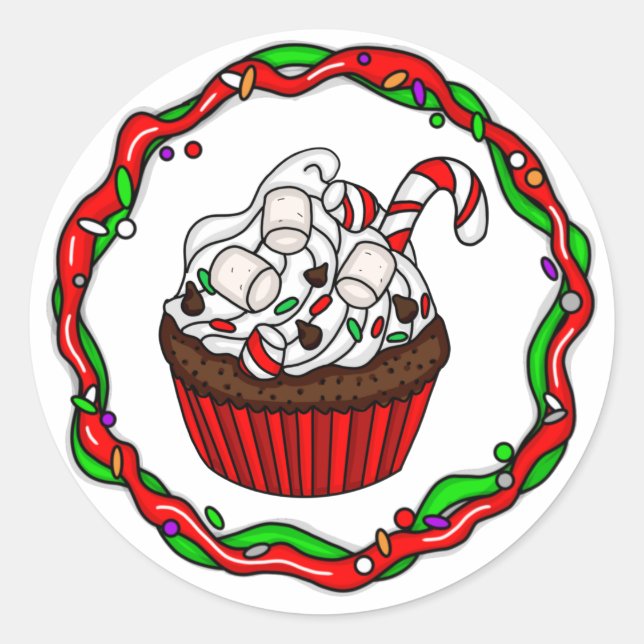 Christmas Cupcake with Candy Cane   Classic Round Sticker (Front)