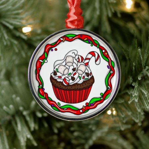 Christmas Cupcake with Candy Cane Metal Ornament