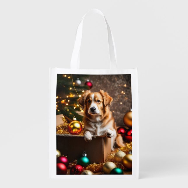 Christmas Curious Dog Grocery Bag (Front)