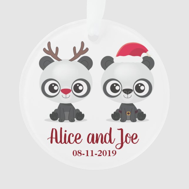 Christmas custom date and names with funny Pandas Ornament (Front)