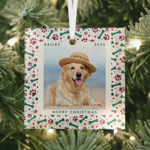 Christmas Custom Dog Photo Cute Paw Prints Pet Glass Ornament