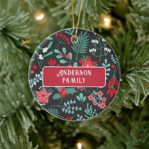 Christmas custom family name flower pattern ceramic ornament